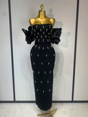 Off-Shoulder Pearl Embellished Bandage Midi Dress