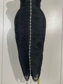 Black Crystal Detail Halter Midi Dress
