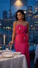 Hot Pink Bandage Midi Dress with Chiffon Floral Details