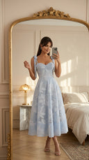 Light Blue Floral Tie-Shoulder Midi Dress