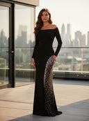 Diamond Beaded Off-Shoulder Patchwork Mesh Maxi Dress