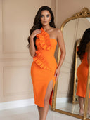 Orange One Shoulder Ruffle Bandage Dress