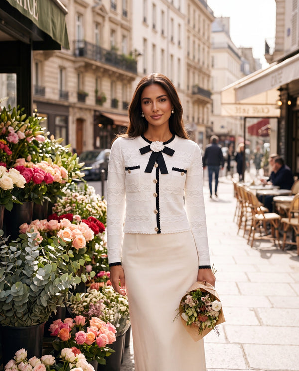 Pointelle Knit Cardigan with Contrast Trim, Bow & Flower Brooch