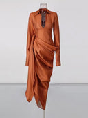 Copper Draped Collar Plunge Midi Dress