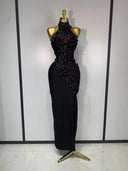 Floral Appliqué Halter Bandage Midi Dress