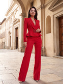 Red Tailored Blazer & Wide-Leg Trousers Set with Embellished Detail
