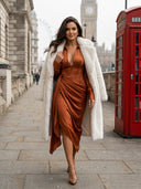 Copper Draped Collar Plunge Midi Dress