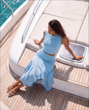 Sky Blue Knit Top & Ruffle Midi Skirt Set with Gold Crystal Rings