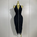 Black Crystal Detail Halter Midi Dress