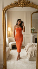 Orange Crystal Fringe Bandage Midi Dress