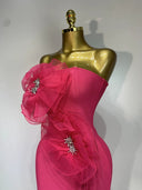 Hot Pink Bandage Midi Dress with Chiffon Floral Details