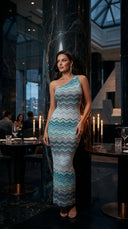 One Shoulder Chevron Knit Maxi Dress – Sky Blue