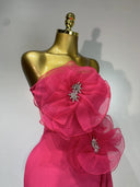 Hot Pink Bandage Midi Dress with Chiffon Floral Details