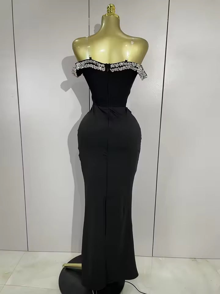 Crystal Embellished Off-Shoulder Maxi Dress – Black