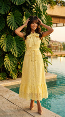 Pastel Yellow Bow Lace Midi Dress