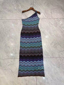 One Shoulder Chevron Knit Maxi Dress – Midnight Multi Blue