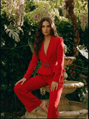 Red tailored blazer and wide-leg trousers set, front view