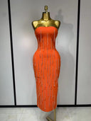 Orange Crystal Fringe Bandage Midi Dress