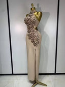 Floral Appliqué Halter Bandage Midi Dress