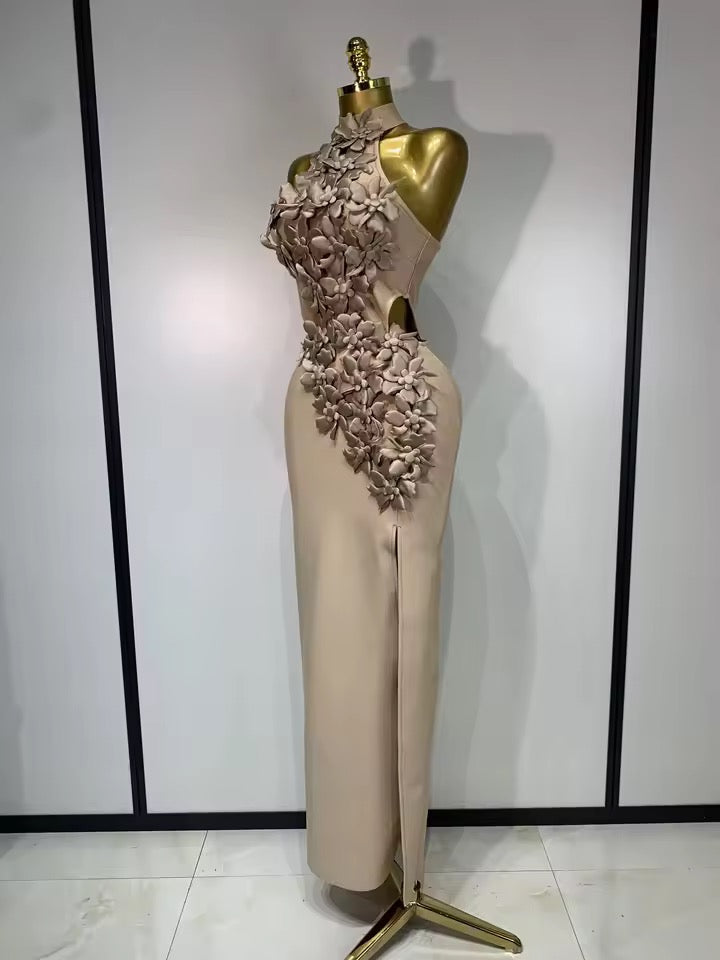 Floral Appliqué Halter Bandage Midi Dress