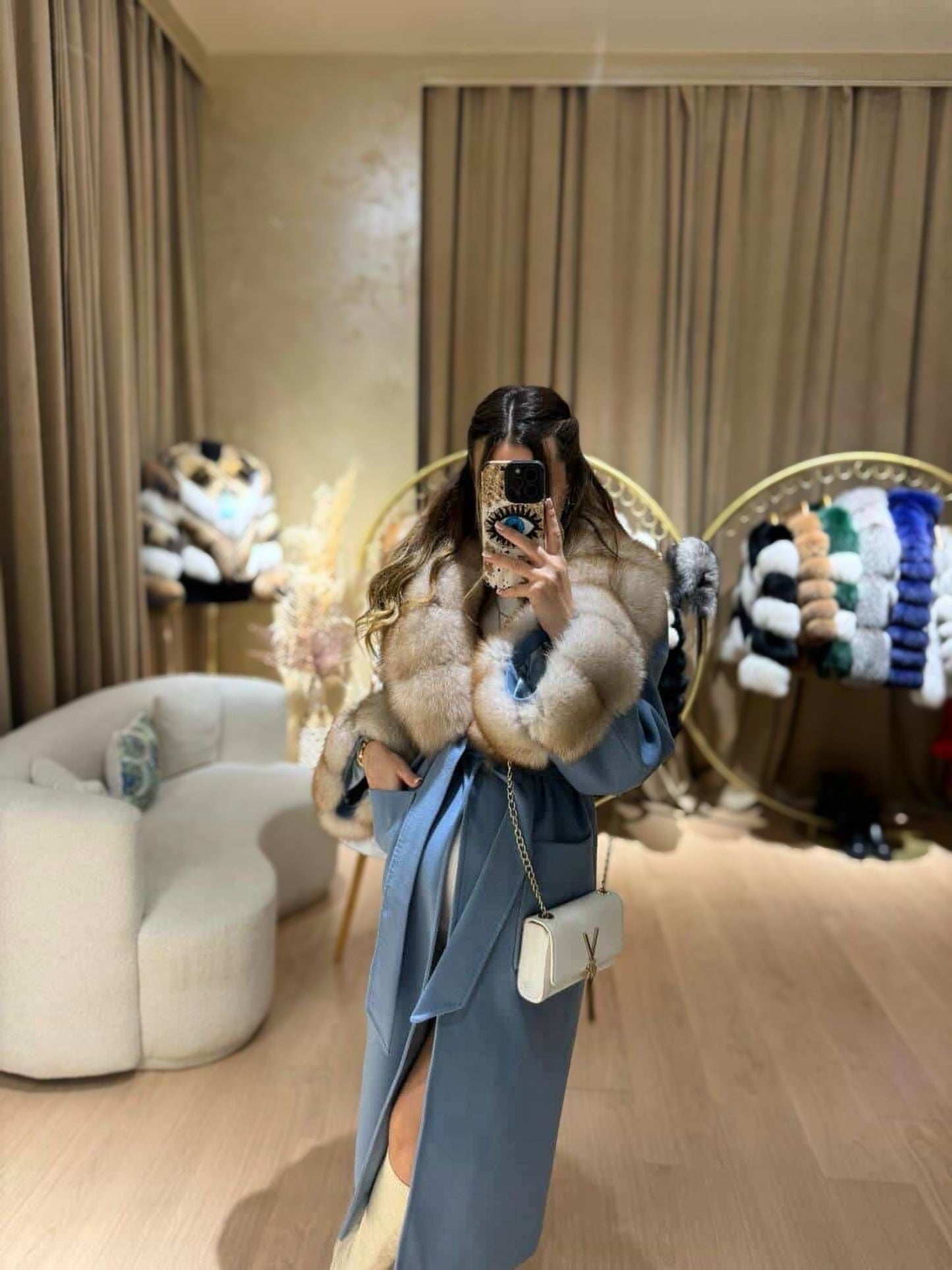 Real Fox Fur Cashmere Coat in baby blue