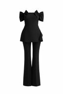 Solid Two-Piece Slash Neck Bow Top & High Waist Pants Set