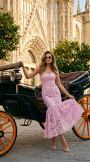 Pink Floral Lace Belted Midi Dress