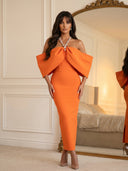 Orange Crystal Bow Off Shoulder Bandage Midi Dress
