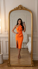 Orange One Shoulder Ruffle Bandage Dress