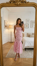 Pink Floral Lace Belted Midi Dress