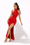 Red Floral Appliqué Midi Dress
