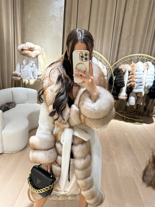 CAPPOTTO IN VERA PELLICCIA DI VOLPE CON ALCANTARA IN BIANCO