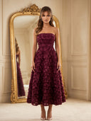 Burgundy 3D Rose Strapless Midi Dress