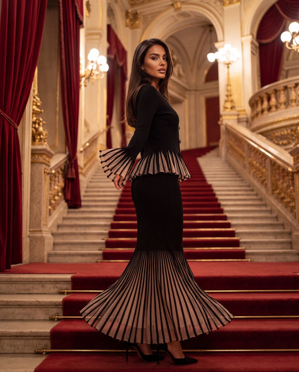 Black Rib-Knit Peplum Cardigan & Pleated Maxi Skirt Set with Jewel Buttons