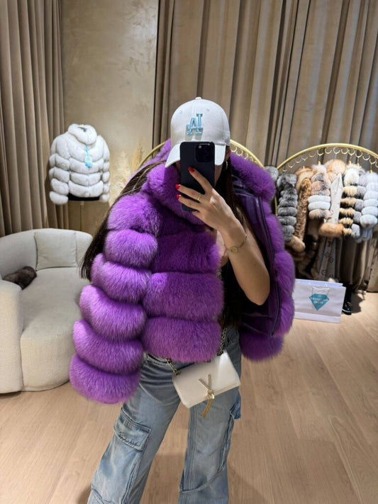Rania Fox Fur Genuine Leather Jacket in purple