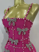 Hot Pink Pearl & Crystal Bow Mini Dress