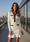 Two-Tone V-Neck Beaded Pocket Long Sleeve Slim Fit Fishtail Knit Dress