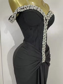 Crystal Embellished Off-Shoulder Maxi Dress – Black