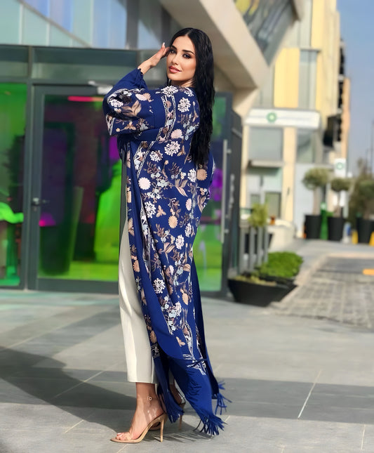 Abaya in lana ricamata in blu