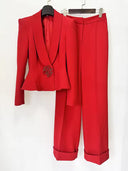 Red peplum blazer with embellished brooch detail