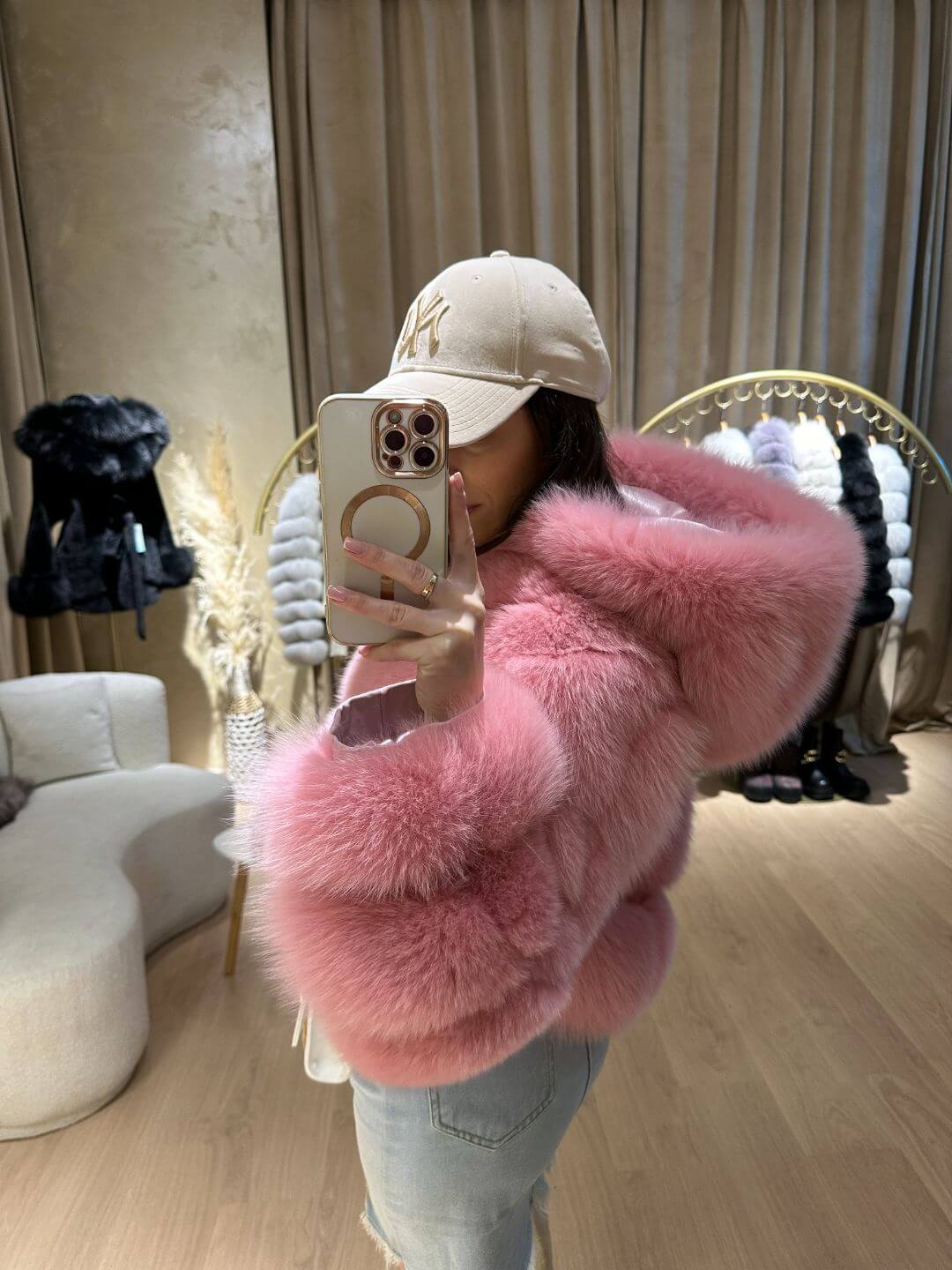 Rania Fox Fur Genuine Leather Jacket in pink