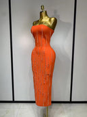Orange Crystal Fringe Bandage Midi Dress