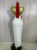 White Rose Detail Halter Midi Dress
