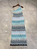 One Shoulder Chevron Knit Maxi Dress – Sky Blue