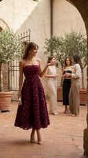 Burgundy 3D Rose Strapless Midi Dress