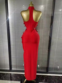 Red Floral Appliqué Midi Dress