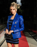 Double Breasted Leather Blazer in Royal Blue