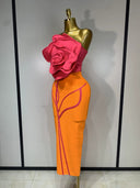 Orange & Pink 3D Rose Bandage Midi Dress