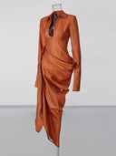 Copper Draped Collar Plunge Midi Dress