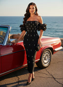 Off-Shoulder Pearl Embellished Bandage Midi Dress